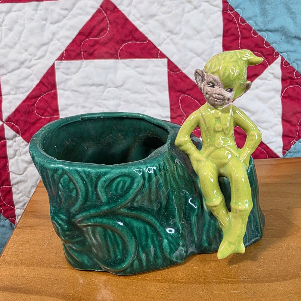 Gilner California Pixie Elf Planter Green Tree Log Ceramic Vintage 1950s Decor